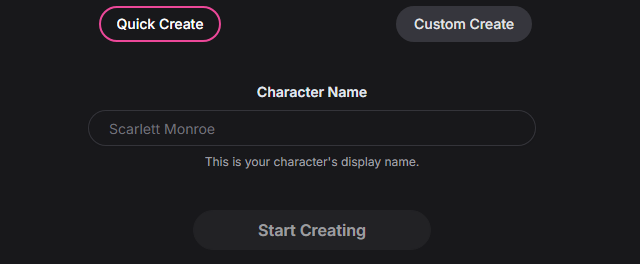 GirlfriendGPT creation mode labels, empty Character Name field, and disabled Start Creating button.