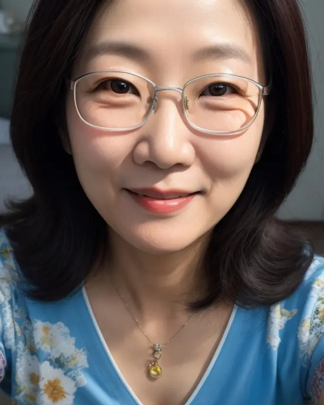 Mrs. Kim wears round glasses and a blue floral top, with dark shoulder-length hair and a small pendant. Source: GirlfriendGPT.