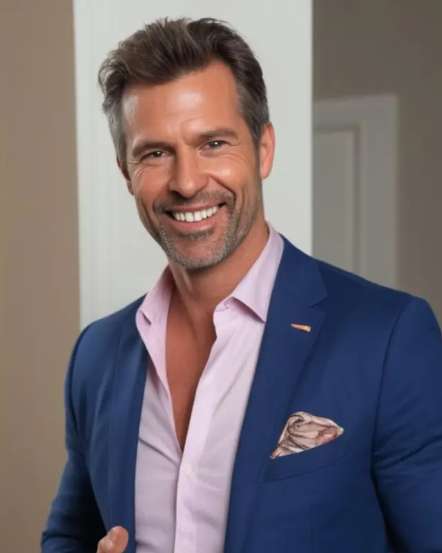 Ross smiles in a blue jacket and pale shirt, with a patterned pocket square. Source: GirlfriendGPT.