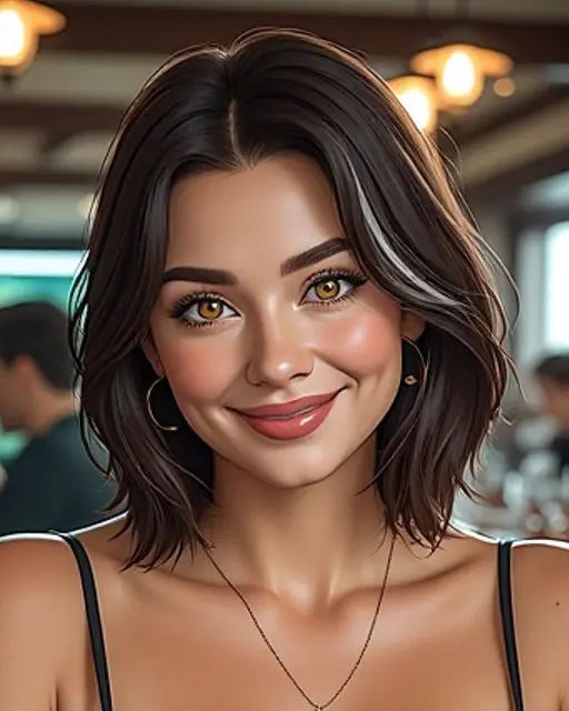 Bethany has a short dark bob and wears a dark top and a delicate necklace in a restaurant. Source: GirlfriendGPT.