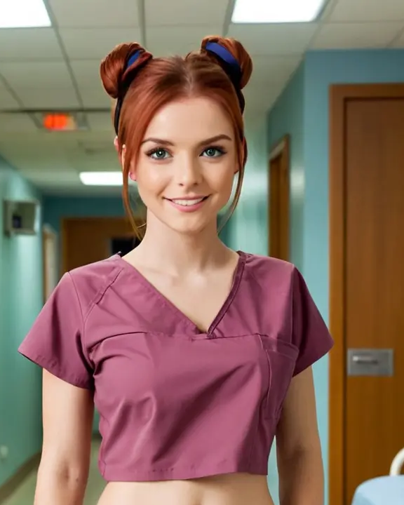 Emily has red hair styled in two buns and wears a pink scrub top in a corridor. Source: GirlfriendGPT.