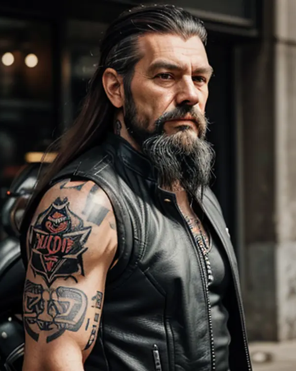 Bear has a long gray-streaked beard, tied-back dark hair and a black leather vest beside a motorcycle. Source: GirlfriendGPT.