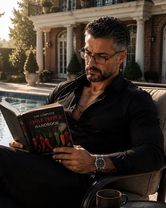 Tito wears glasses and a dark shirt while reading a book beside an outdoor pool. Source: GirlfriendGPT.